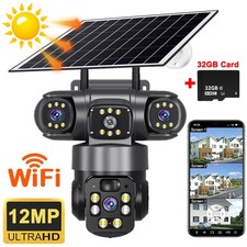 Security Camera, WIFI Wireless Solar Battery 3Lens 12MP Home Outdoor w/ 32G Card