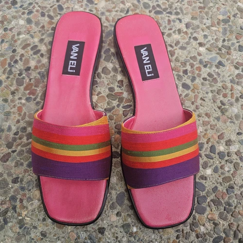 VANS Sandalo Van Eli Vaneli multicolore rosa nero punta aperta 9M tacco basso pelle slide