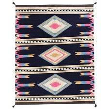 5'4"x6'9" Midnight Blue Geometric Design Flat Weave Hand Woven Wool Rug 2322