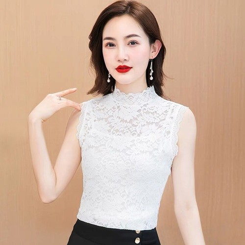L-3XL Lace Shirt Half High Collar T Shirt Elegant Sleeveless Vest Women Girls - Picture 12 of 21