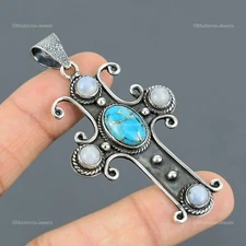 925 Silver Oval Copper Blue Turquoise Stone Rainbow Moonstone Pendant Jewelry