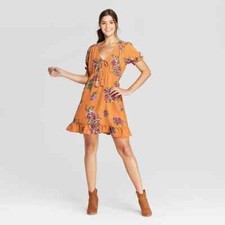 xhilaration floral sundress womens mustard ruffle tassel tie short sleeve