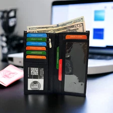 Genuine Leather Checkbook Cover Card Holder Wallet For Women & Men RFID Blocking