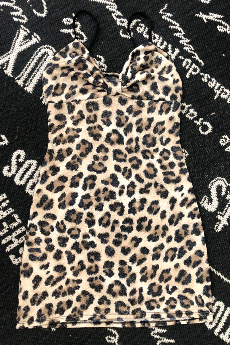 Brown Black Gold Glitter XS/S LEOPARD ANIMAL PRINT Mini SLIP DRESS Bodycon  Knit | eBay