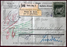 1912 Bayern, Germany to Davon-Dorf, Switzerland Stamps on Parcel Post Document