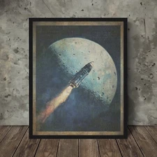 Vintage MOON ROCKET Wall Art, Sci-fi Spacecraft Poster, Celestial Lunar Decor