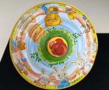 1980s Bolz Wooden Handle Spinning Top Made W. Germany Easter Bunny Bear Family