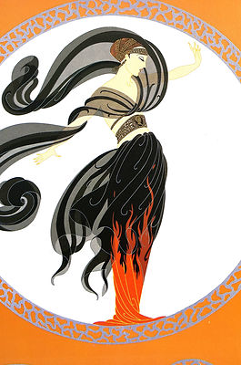 Erte 1982 FLAMES of LOVE FLOWING FIRE VEILS Valentine Day Art Deco