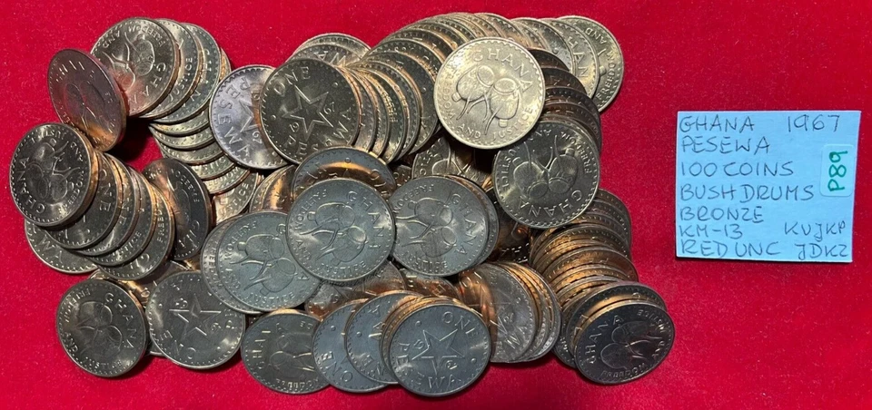 P89 Ghana 100 Coins Lot from Mint Bag - Bronze Pesewa 1967 Bush Drums    Red UNC - Image 4 of 4