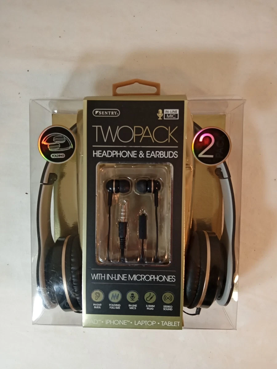 Sentry HC250 Two Pack Folding Black Headphones Earbuds With In