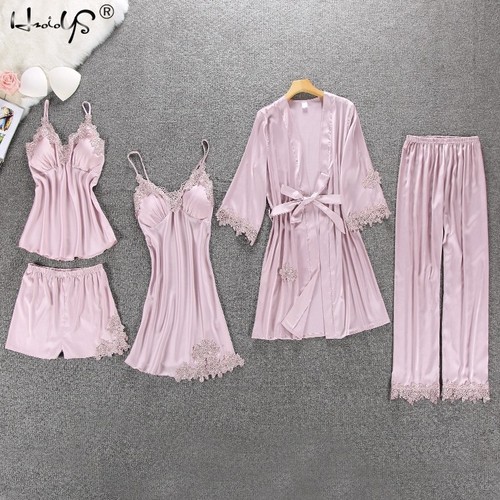 Women Pajamas Silk Satin Lace 5PCS Set Lingerie Sleepwear Babydoll Nightwear Pj - Picture 1 of 34