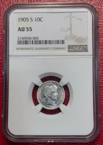 NGC AU55 1905 S BARBER SILVER DIME-NICE EVERYMAN'S BETTER DATE COIN-FEB366