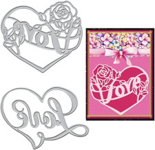 Valentines Metal Cutting Dies for Card Making Supplies, 2 Love Hearts Roses Word