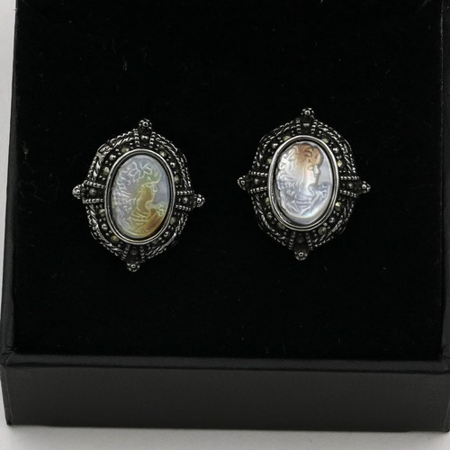 Stainless Steel 316 Abalone Cameo Marcasite Pendant & Earrings - Picture 3 of 6