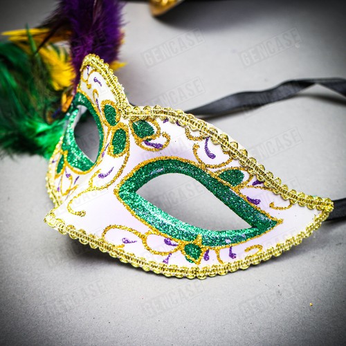 Venetian Gold Phantom Ball Men & Women Feather Green Glitter Eye Couple Mask - Picture 5 of 5