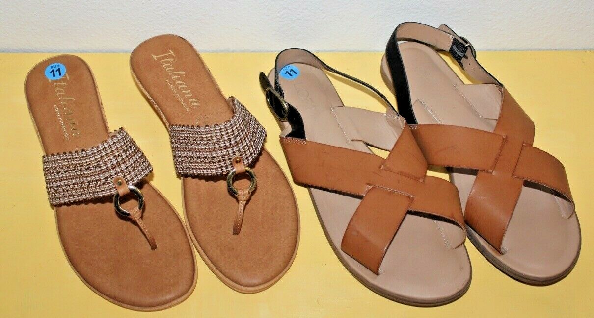 Lotto di 2 sandali da donna taglia 11: marchio LOFT & ITALIANA. Piatti slip on e zeppa