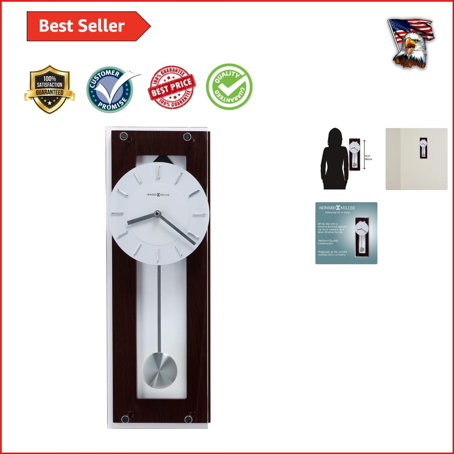 Emmett Contemporary Wall Clock with Alarm - Black Coffee Finish & Chrome Accents