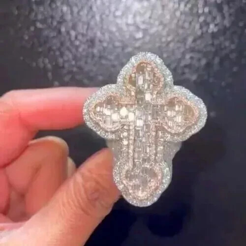 4 kt Baguetteschliff echter Moissanit Kreuz Herren Ehering 14 K Weißgold vergoldet - Bild 6 von 6