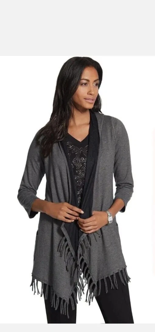 Chicos Zenergy Fringe Hooded Cardigan Jersey Knit size 2 Gray Black | eBay