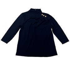 NWT Cable & Gauge Blue Mock Neck Pleated Blouse Gold Buttons 3/4 Sleeve Sz S