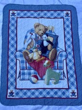 Vintage Blue Jean Teddy Bear Baby Quilt Blanket Crib Wall Nursery Bunny Panda
