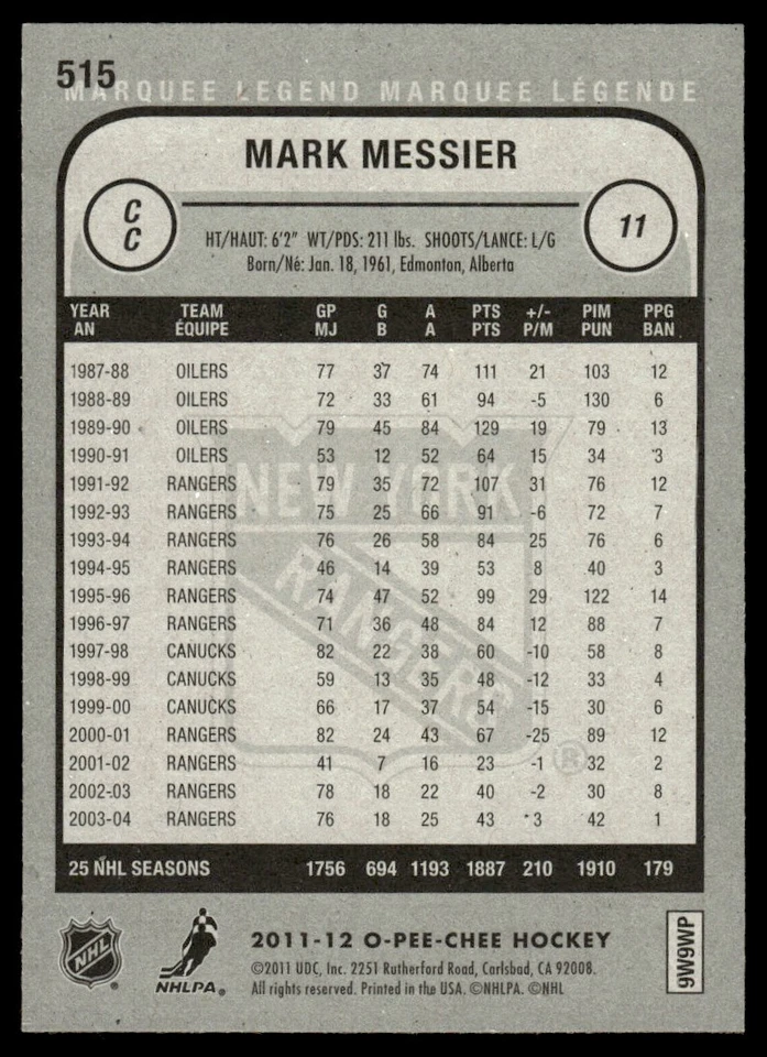 2011-12 O-Pee-Chee MARQUEE LEGEND Mark Messier New York Rangers #515 - Image 2 of 2