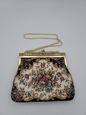 Vintage Floral Needlepoint Embroidered Beaded Tapestry Kiss Lock Handbag Purse