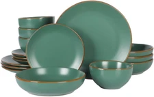 Hazeltine 16-Piece Green Stoneware Dinnerware Set – Plates and Bowls, Durable Ce