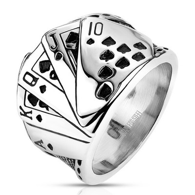 Stainless Steel Men's Poker Playing Cards Black Jack AKQJ10 of Spades Ring