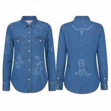 Wrangler Retro Western Denim Pearl Snap Shirt NWT Womens Small Cowboy Rodeo Blue