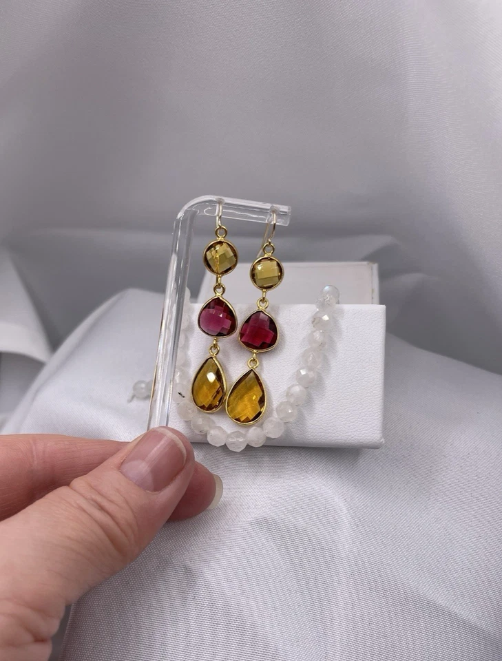 Pendientes Turmalina Rosa Rubelita Citrino Briolette Oro 14K Relleno SIMULADOS Foto 3 de 4