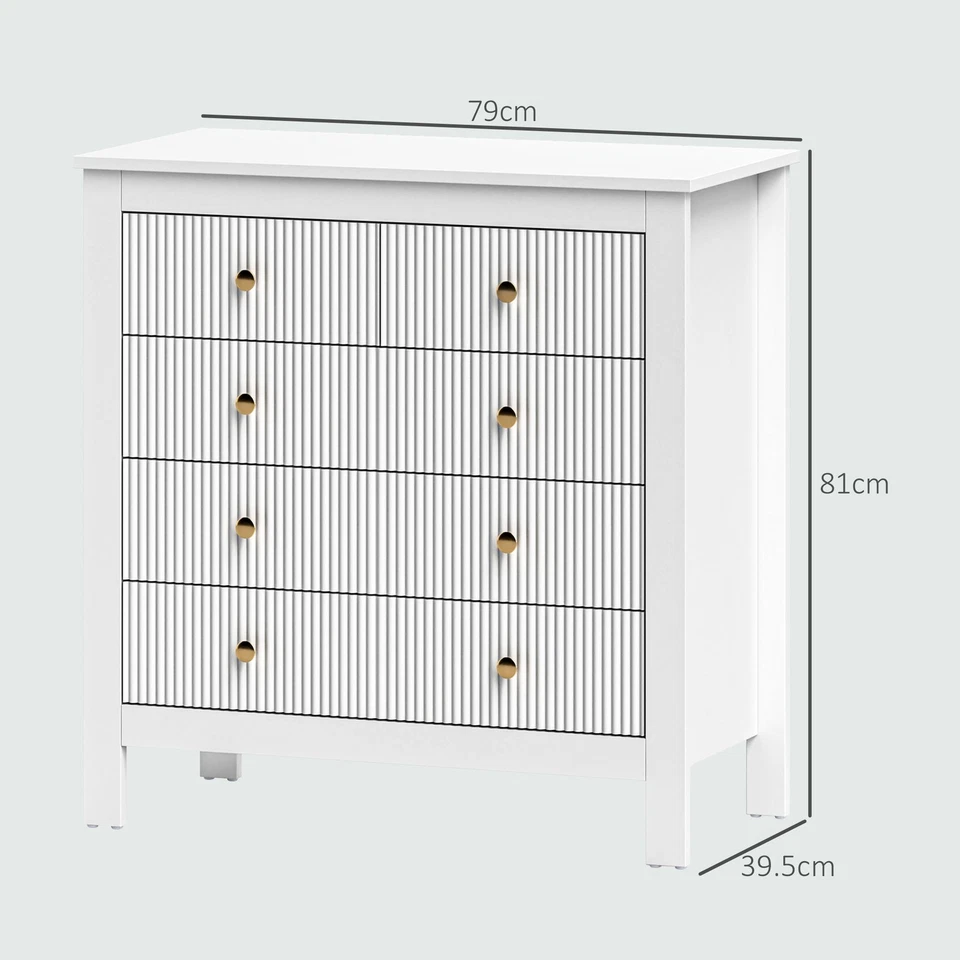 HOMCOM Fluted Bedroom Chest of Drawers w/ 5 Drawers Gold Tone Handles White - Image 3 of 4