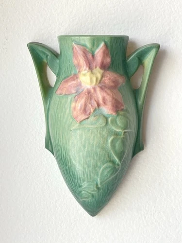 Vintage 1944 Roseville Pottery "Clematis" Forest Green Wall Pocket #1295-8 USA