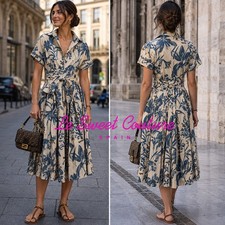 CAROLINA HERRERA NWT indigo blue/sand Print Poplin Shirt Dress 62CM901701211
