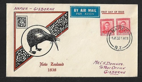 NEW ZEALAND NAPIER -GISBORNE AIR MAIL FDC 2d. RATE ON COVER 1938
