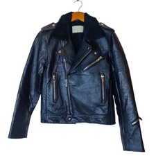 Deadwood Avery Recycled Leather Black Motorcycle Biker Jacket Fur Collar 38 XS/S