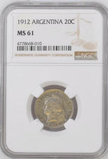 1912 ARGENTINA 20C NGC CERTIFIED COIN MS 61