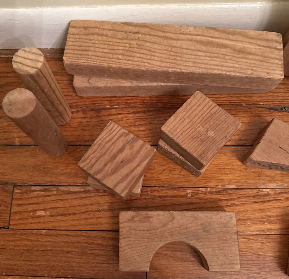 19 PCS VINTAGE WOODEN BLOCKS Child Toys Solid Wood Building Shapes Game 1960’s - Image 3 of 4