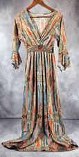Bohemian Cutout Deep V Neck Long Tie Waist Sleeves Summer Maxi Dress Blue M