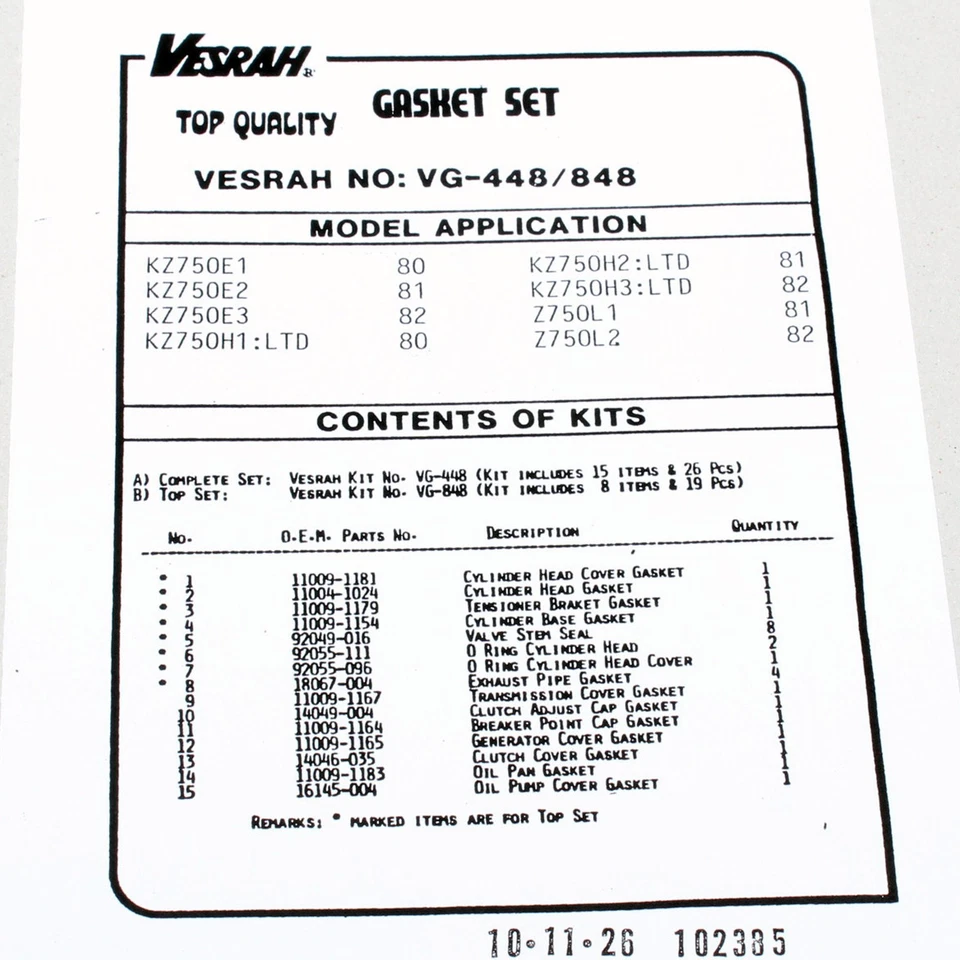 Engine gasket set complete for Kawasaki Z 750 E /H Ltd /L (KZ750E/KZ750H) 80-82 Foto 2 de 3