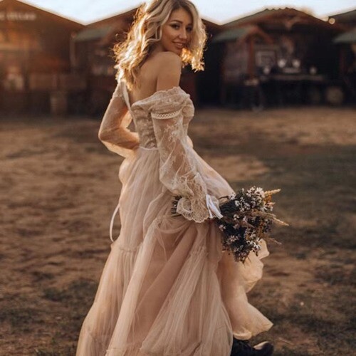 Lace V-Neck Garden Wedding Dresses Boho Champagne Long Sleeves BohemianGown  | eBay