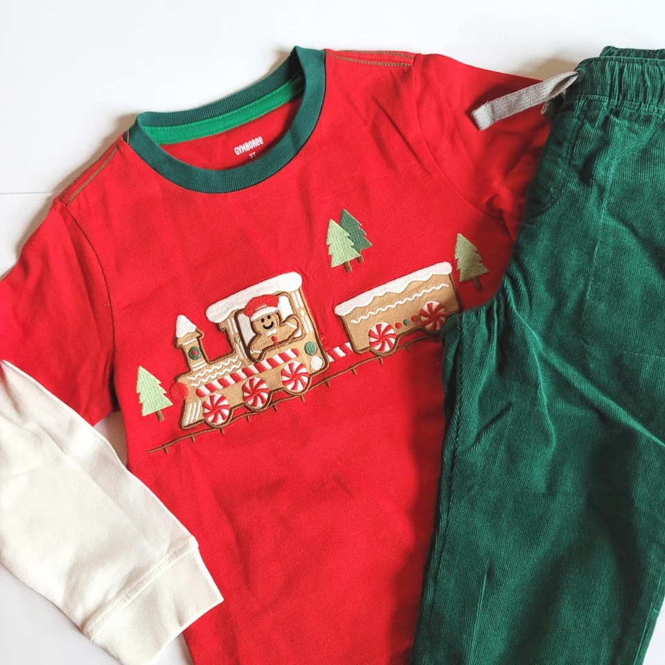 Gymboree Boys 12 Gingerbread House Train Tee Green Corduroy Pants Set NWT  - Image 2 of 4
