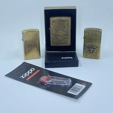 3 Vintage Zippo 1990s lighters 2 Slim & 1 Full Size Plus New Zippo Flints