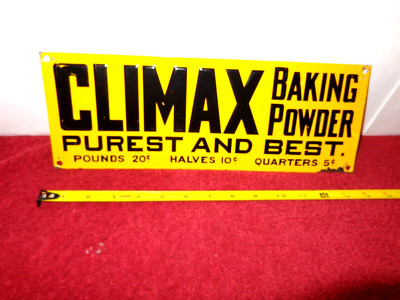14x5 in CLIMAX BEST BAKING POWDER  ADV.  SIGN EMBOSSED TIN METAL TACKER  - Z 471