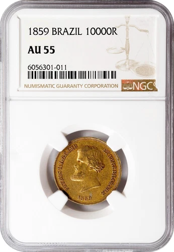 BRAZIL 10000 Reis 1859 Rio de Janeiro Mint Pedro II NGC AU55