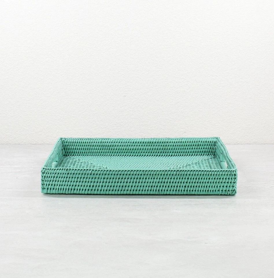 NEW Tight Woven Rectangle Rattan Tray for Luxury Homes- Medium, Turquoise - Image 3 of 3
