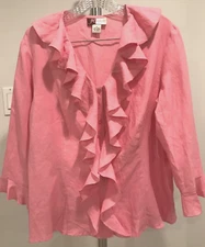 JM COLLECTION Women 8 Blouse Career Office Linen Pink Ruffles Fitted Button Down