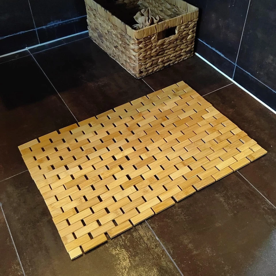 Alfombra Bambú Baño Ducha Baño Suelo Madera Antideslizante Madera Natural Foto 2 de 4
