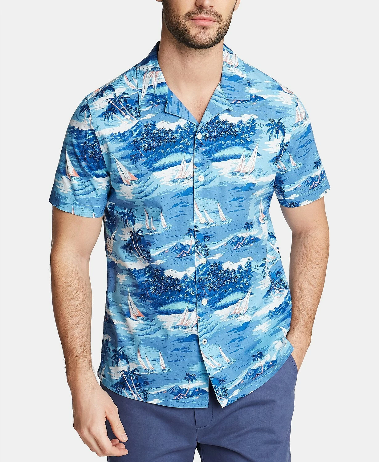 New Nautica Men's Big and Tall Blue Sail Printed Camp Shirt LT $65 MJN11