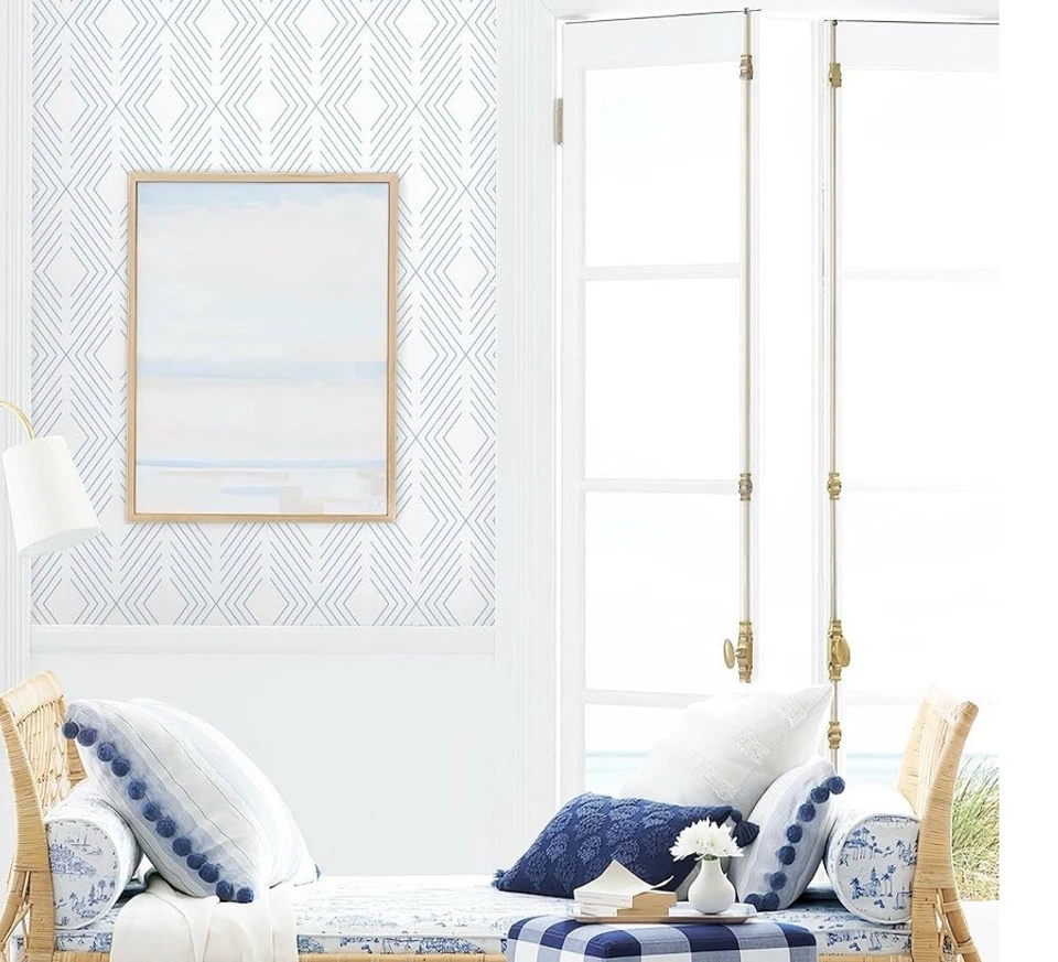 Geometric Wallpaper Peel & Stick Modern Blue/White 1= 17.3”x197”/ 10 Rolls Total - Image 2 of 4